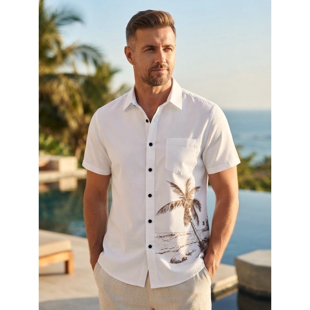 Hardaddy Mens Large Soft White Palm Tree Graphic Button Down Shirt Resortwear